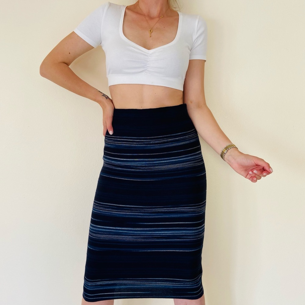New Ralph Lauren navy blue midi Striped Stretch Cotton skirt